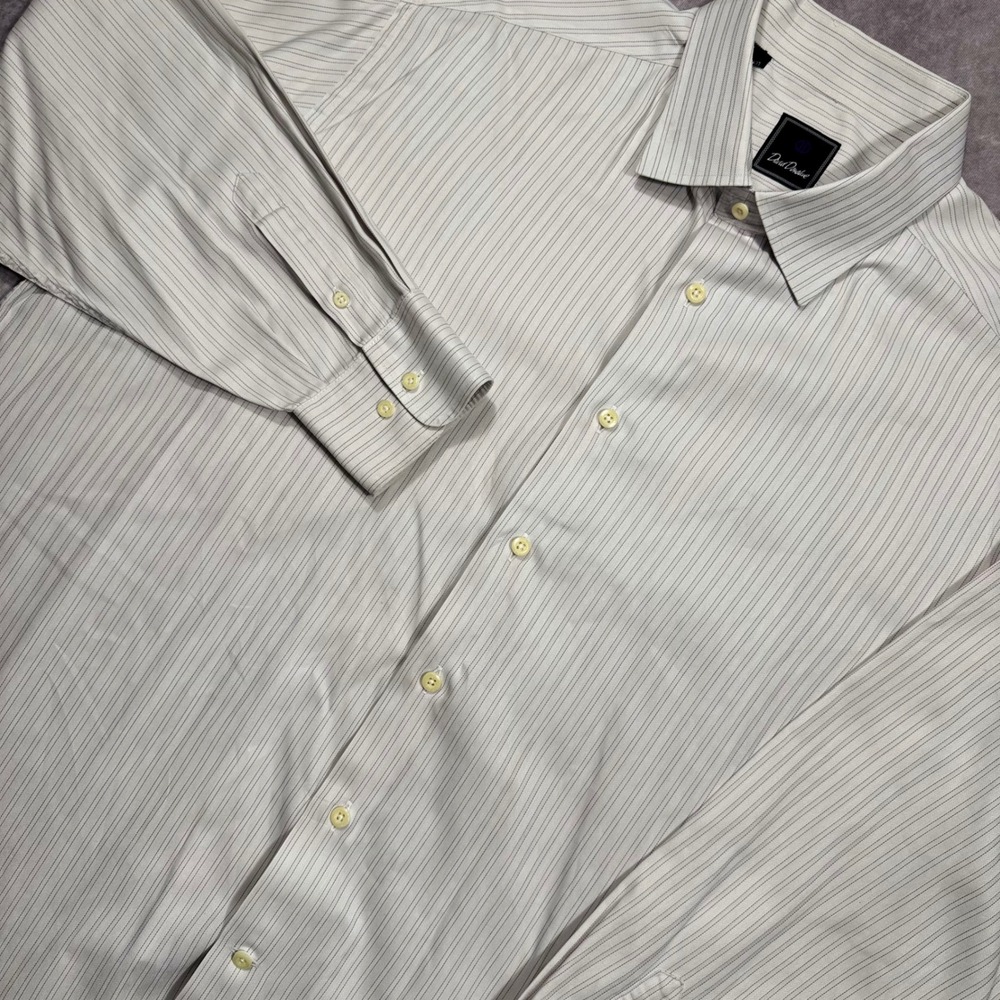 David Donahue Mens 18 34/35 Dress Shirt White Blue Striped Cotton Herringbone